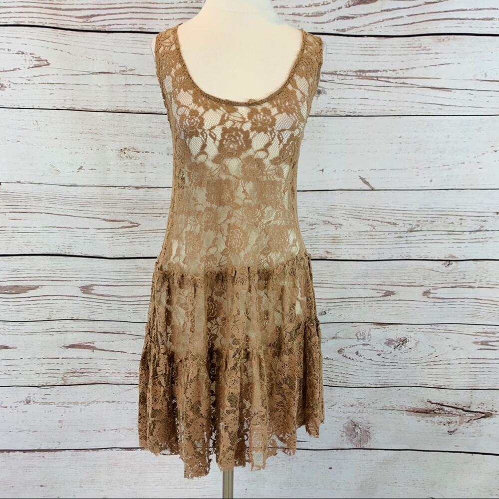 A’reve tan brown lace dress sheer ruffle hem